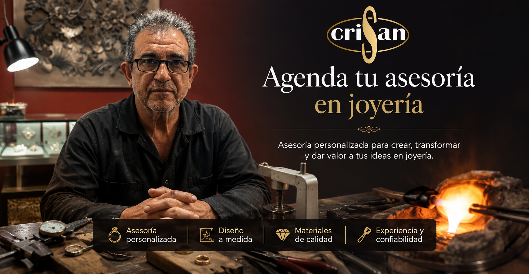 Banner principal de Crisan Joiers con maestro joyero en taller artesanal realizando asesoría personalizada de joyería, herramientas de orfebrería, fundición de metal precioso y mensaje “Agenda tu asesoría en joyería”. Diseño elegante en tonos negro y dorado para cabecera web de joyería artesanal.